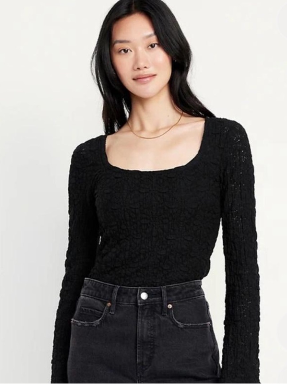 Old Navy Black Lace-Textured Scoop Neck Long Sleeve Top